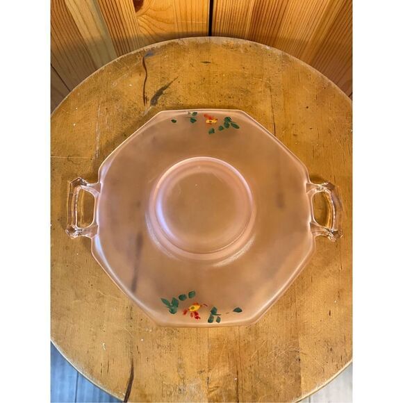 Vtg Pink Depression Frosted Glass Flower Hand Painted 2 Handle Dish 8.75” - Picture 7 of 8